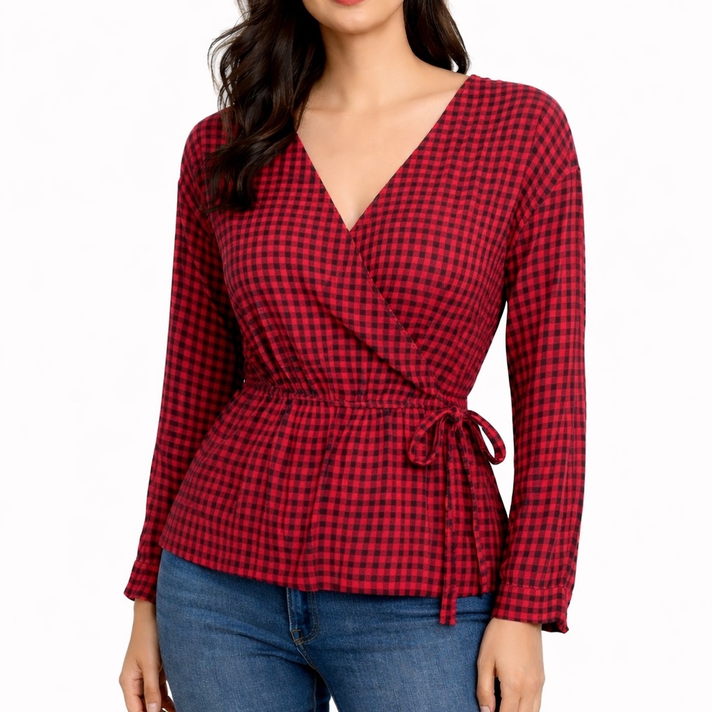 Old Navy Women’s XL Red Black Buffalo Plaid Faux Wrap Tie Waist Blouse